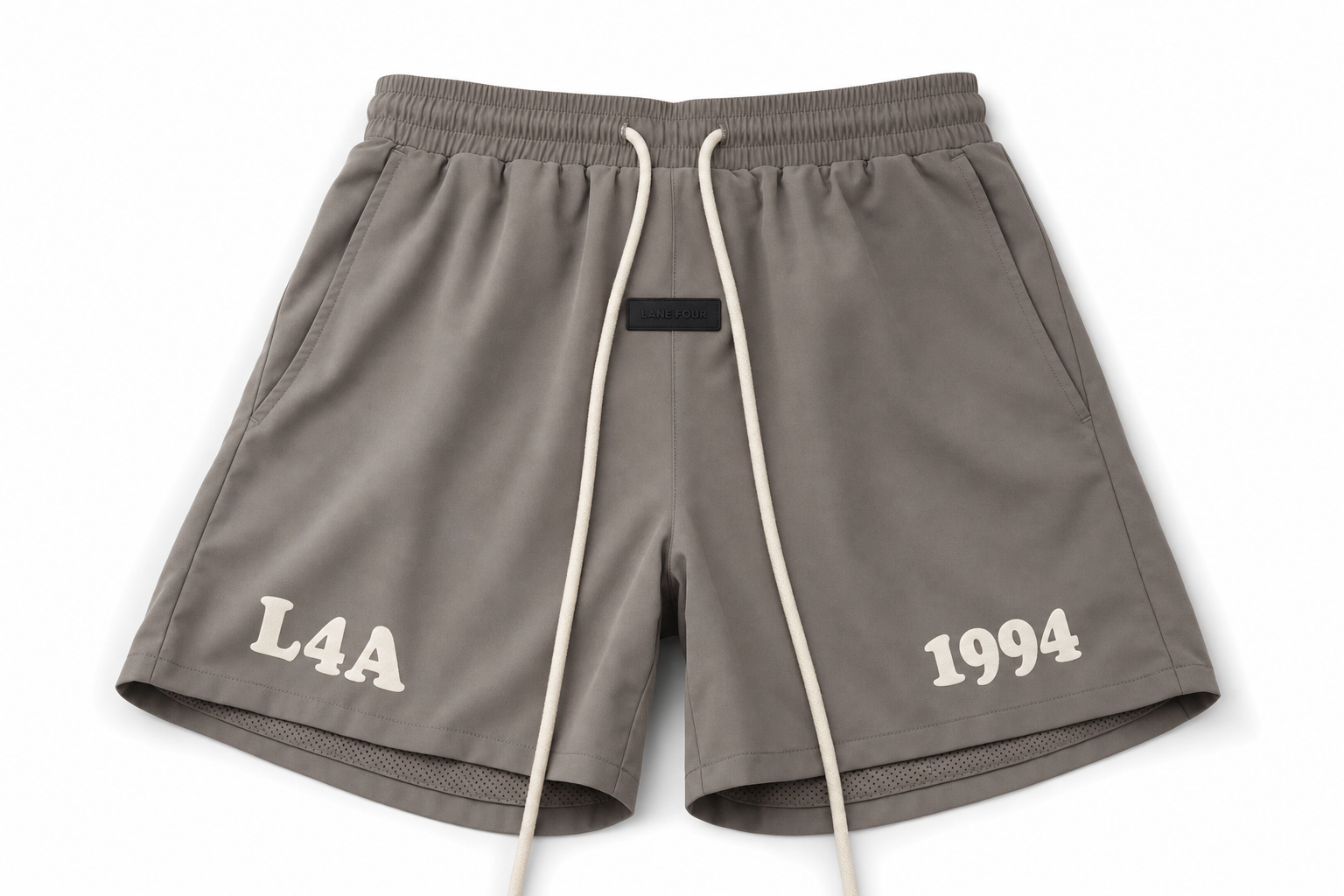 L4 Deck Gym Short in Seal with long cream drawcords and L4A and 1994 thigh marks.